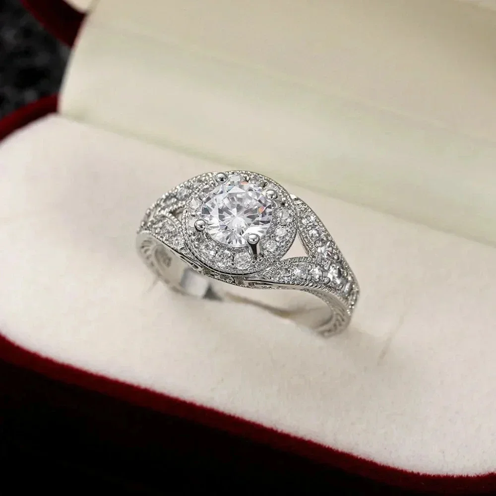 🌸Round Shiny CZ Noble Silver Wedding/Engagement Ring for Women, K808_8
